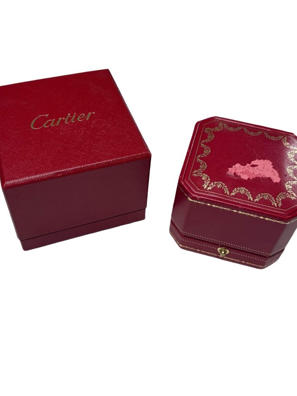 Vintage Cartier Jewelry Box Set - Red Octagonal Ring Box & Square Case Gold Trim